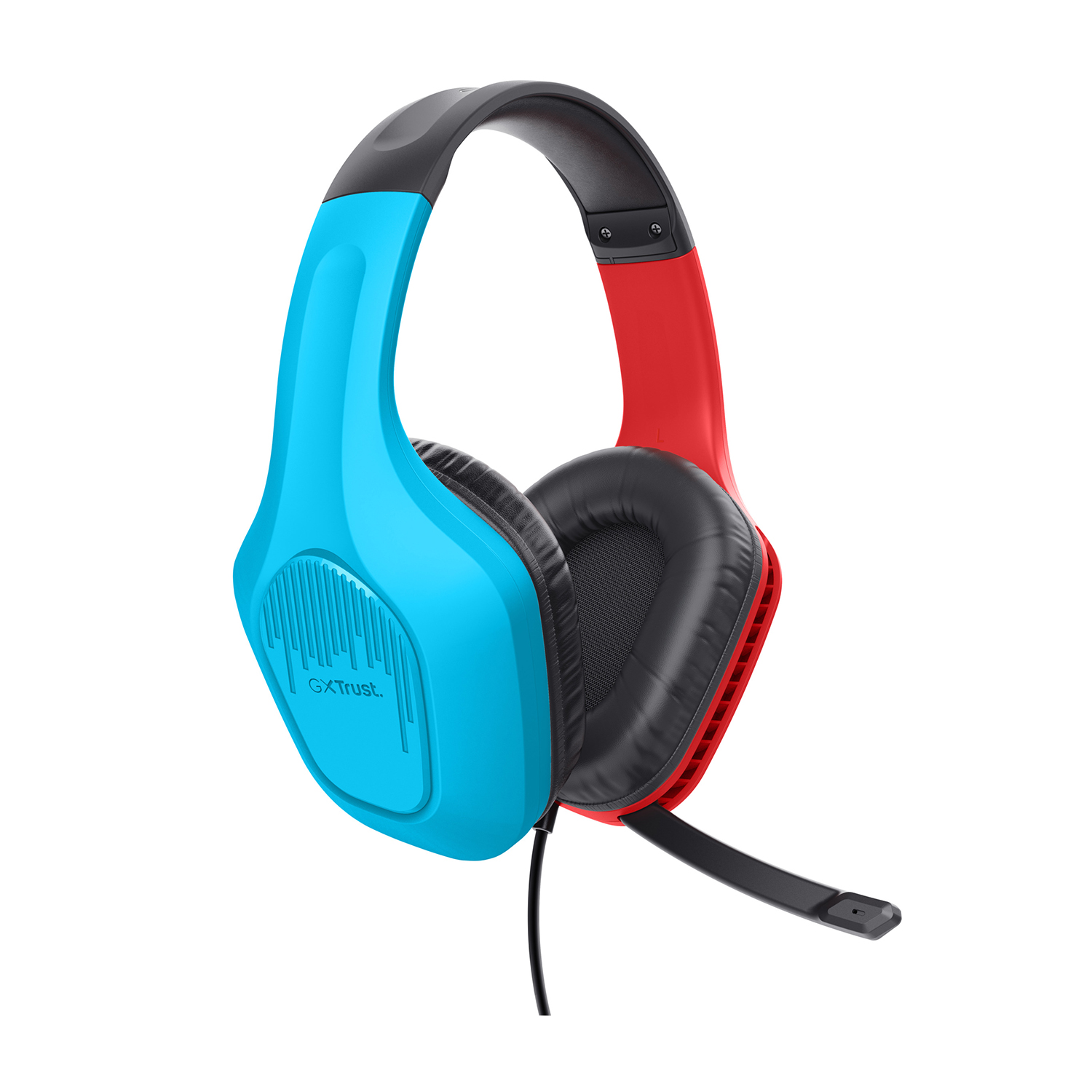 Cuffie da gioco blu e rosse con microfono nero, sfondo bianco.