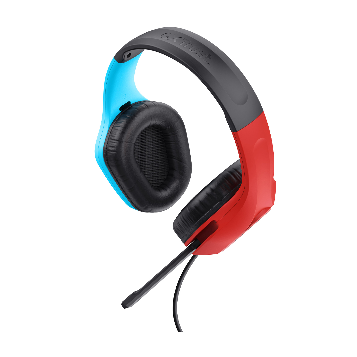 Una cuffia da gaming blu e rossa con microfono.