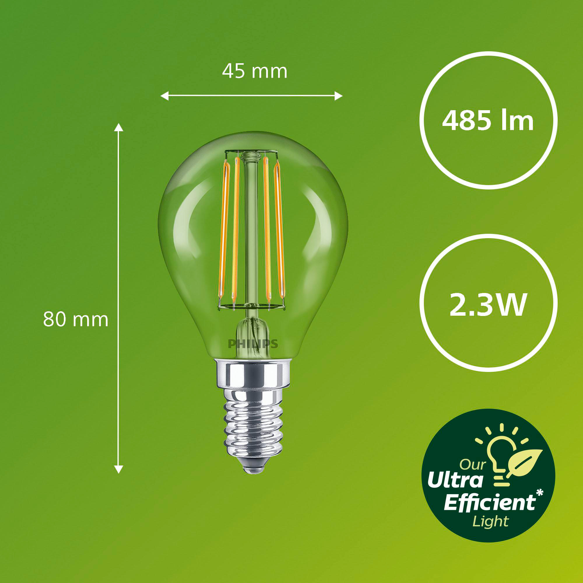 Klare LED-Glühbirne mit Abmessungen und Energieinformationen.