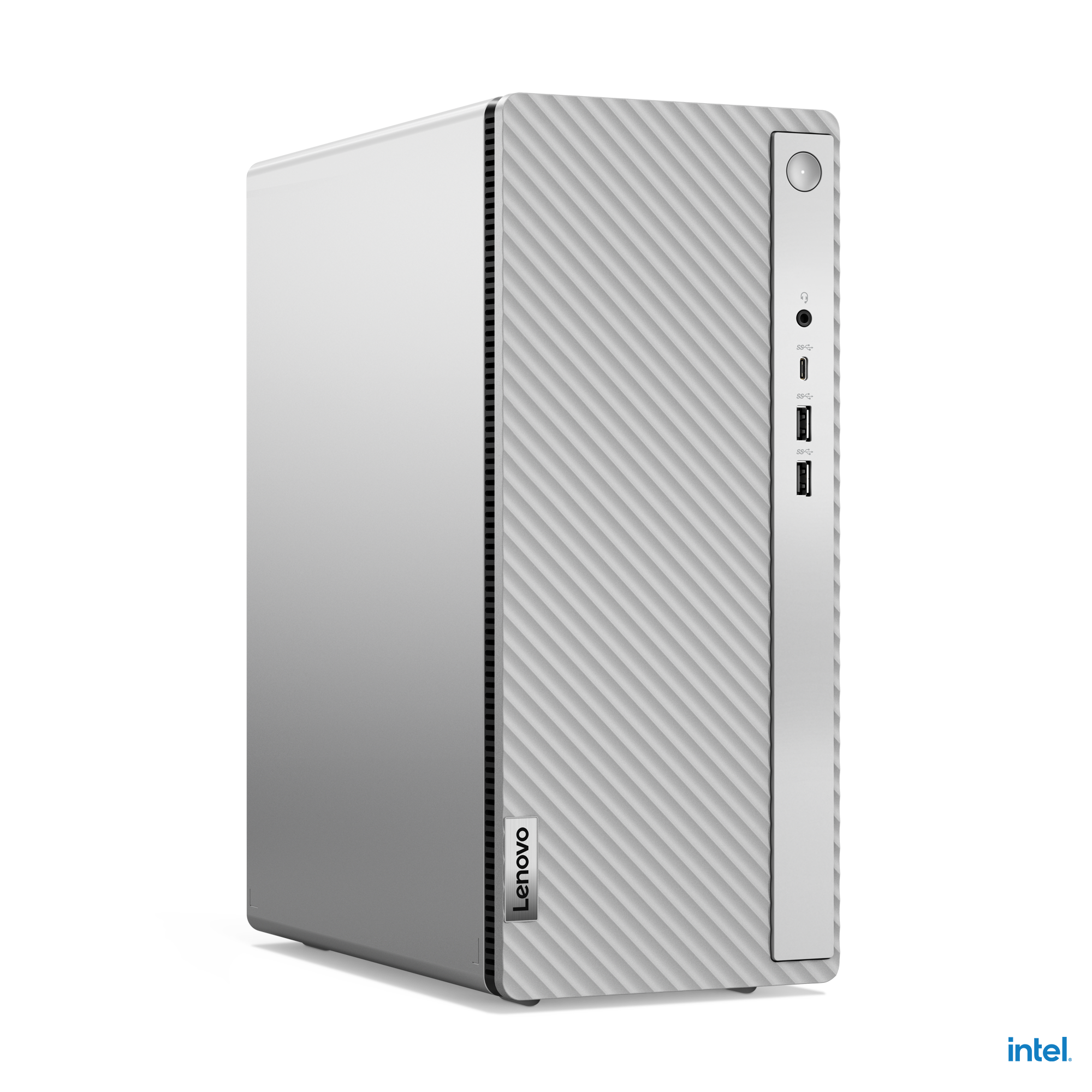 Ordenador de sobremesa Lenovo plateado sobre fondo negro. Vista frontal. Diseño limpio. Logotipo Intel en la parte inferior.