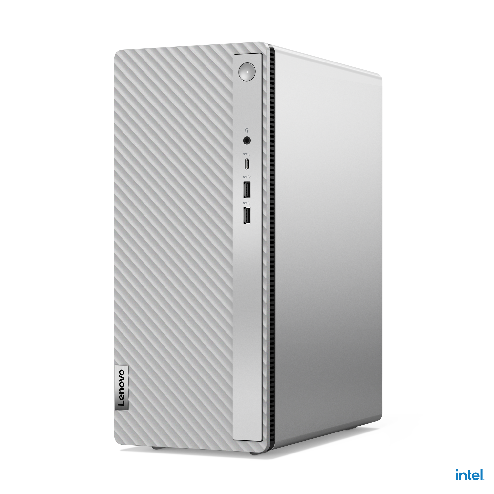 Torre de ordenador de sobremesa blanca con puertos en el lateral y el logotipo de Intel en la parte inferior.