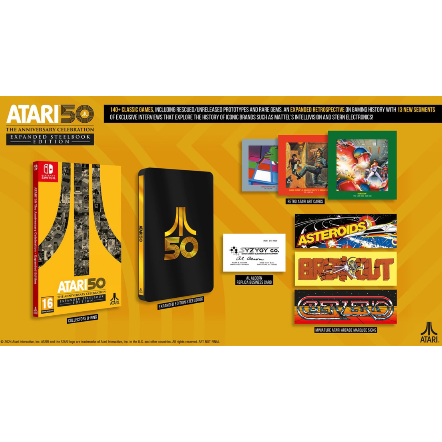 Atari 50th Anniversary Edition doos met diverse game-memorabilia.