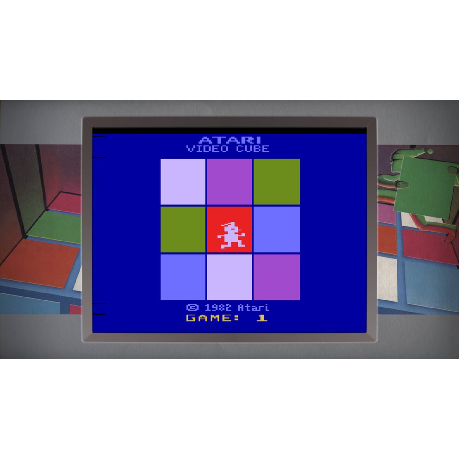 Atari Video Cube-spel op een scherm met een kleurrijk raster en een figuur in het midden.