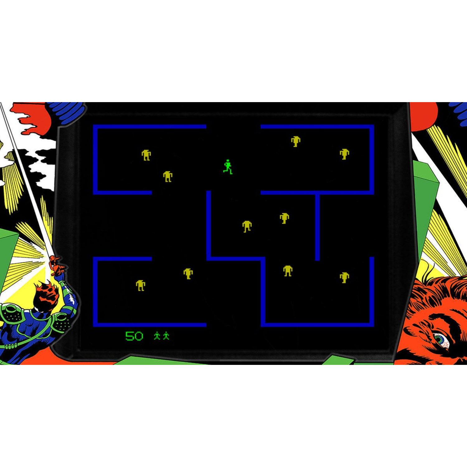 Een retro arcadescherm met een doolhof en gepixelde figuren.