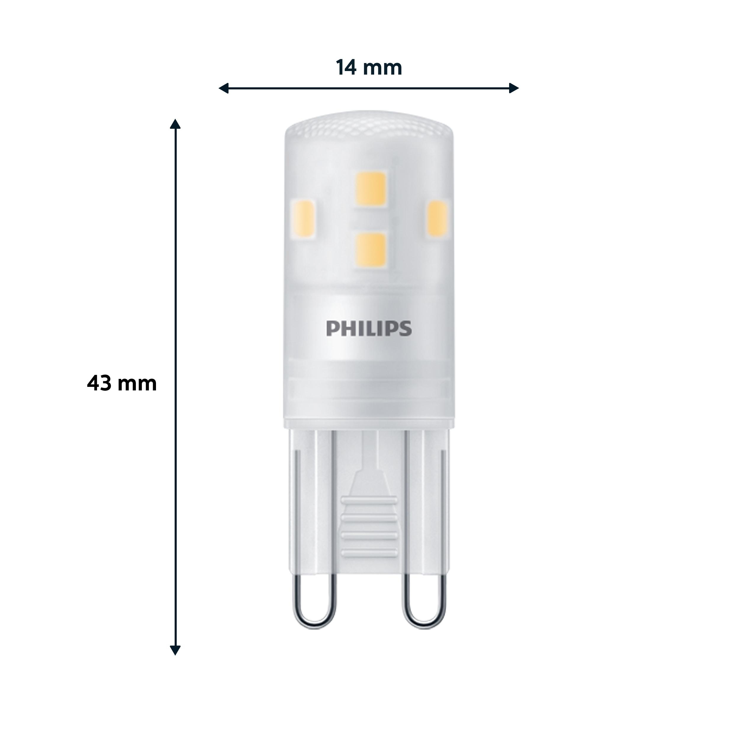 Eine Philips LED-Lampe mit Abmessungen und Nahaufnahme. Sie hat zwei Stifte an der Unterseite.
