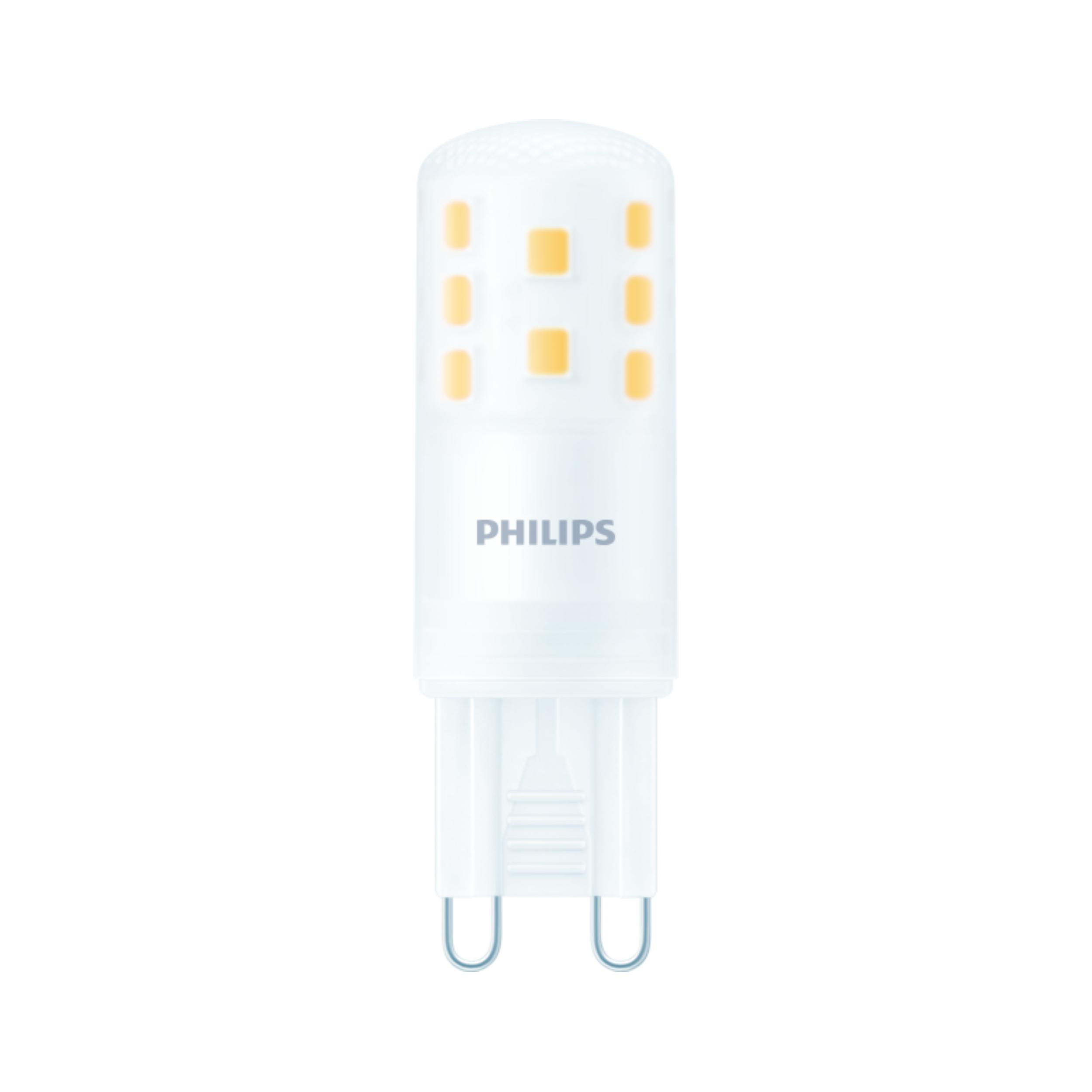 Philips G9 LED-Lampe. Weißer Körper mit gelben LED-Elementen. Zwei Stifte unten.