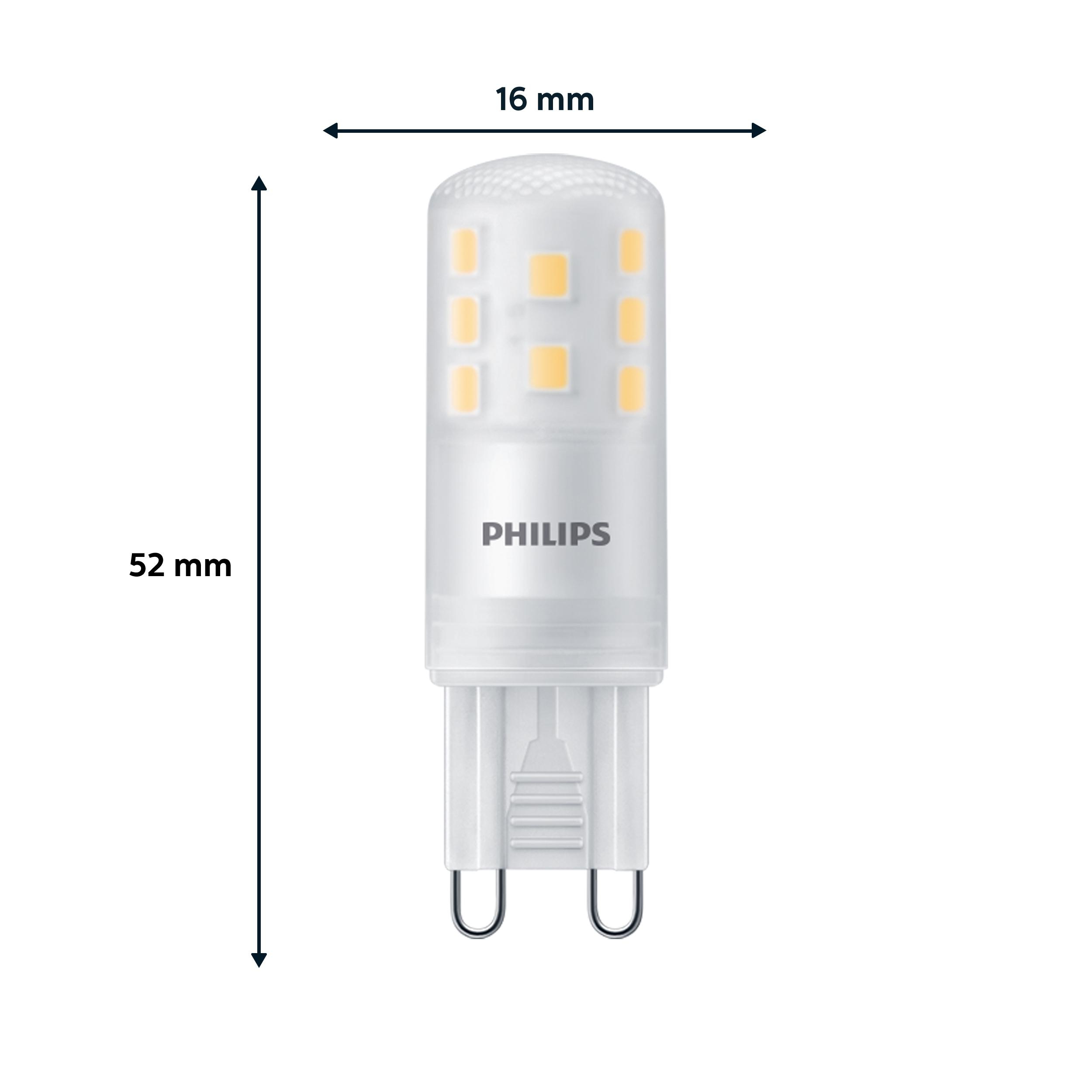 Eine Philips LED-Glühbirne mit Abmessungen und Text, isoliert auf weißem Hintergrund.