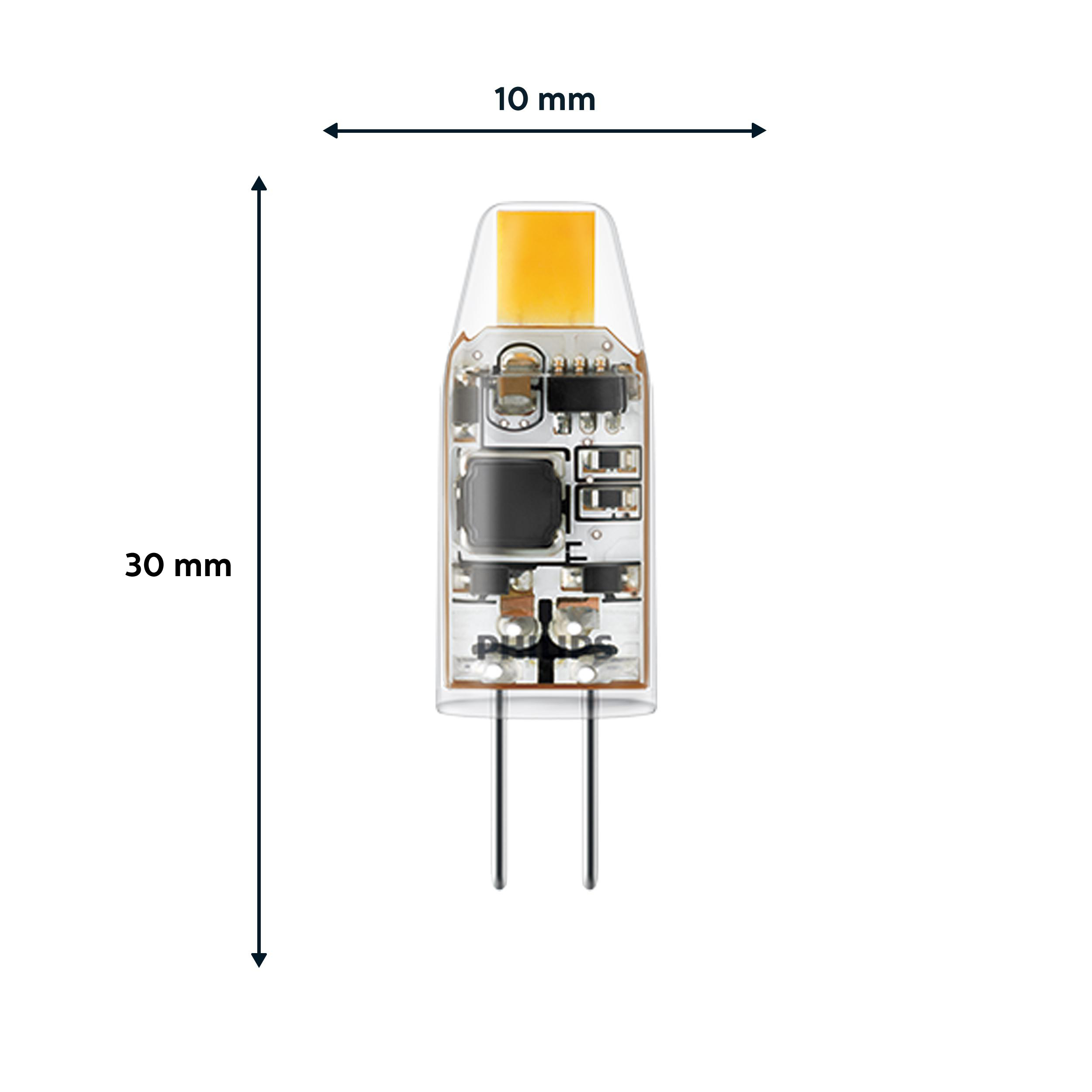 Eine kleine LED-Glühbirne mit den Maßen 30 mm x 10 mm auf weißem Hintergrund.