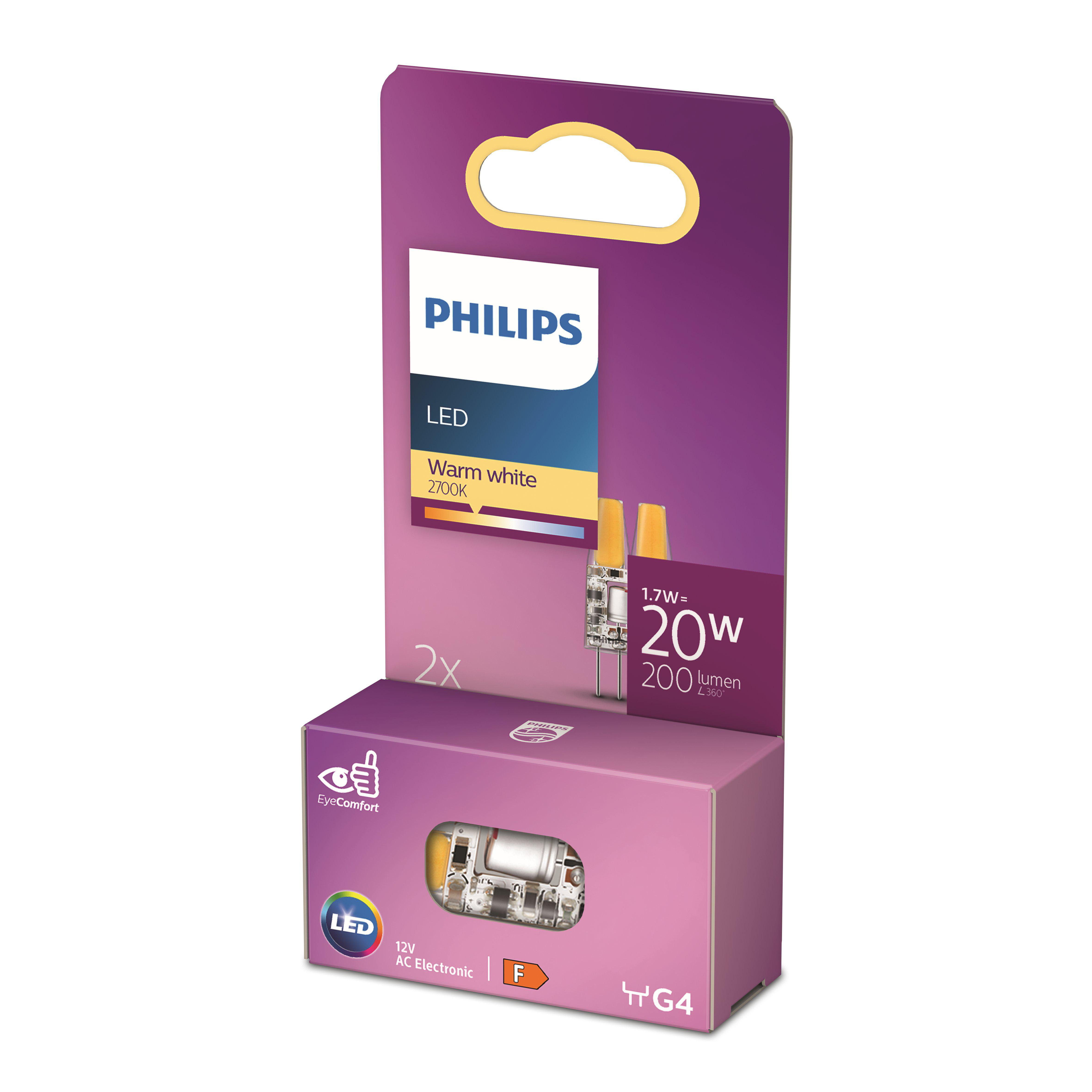 Paket mit Philips LED-Glühbirnen, mit sichtbaren Spezifikationen und Produktdetails.