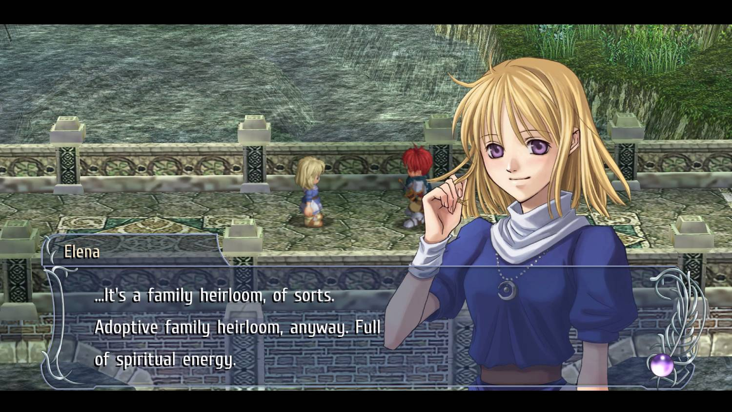 Escena de videojuego con cuadro de diálogo de personaje.
