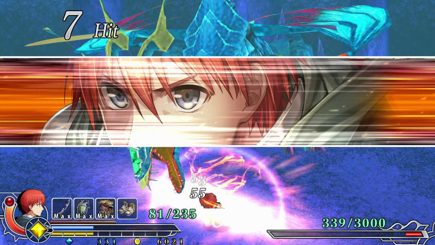 Escena de videojuego con personaje frente a monstruo, barras de acción.