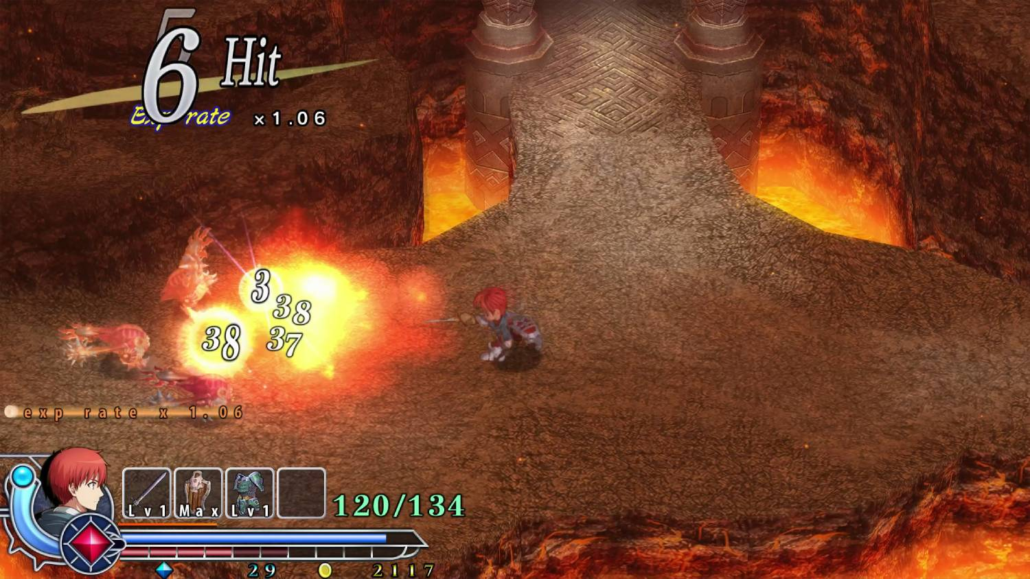 Una escena de videojuego con un personaje luchando contra enemigos con efectos de fuego.