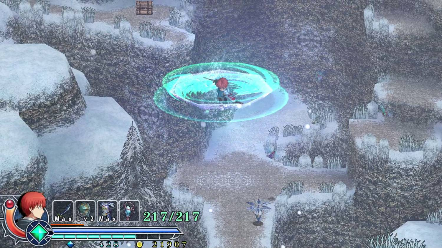 Una vista desde arriba de una escena de juego nevada. Un personaje está en el centro de un círculo brillante.