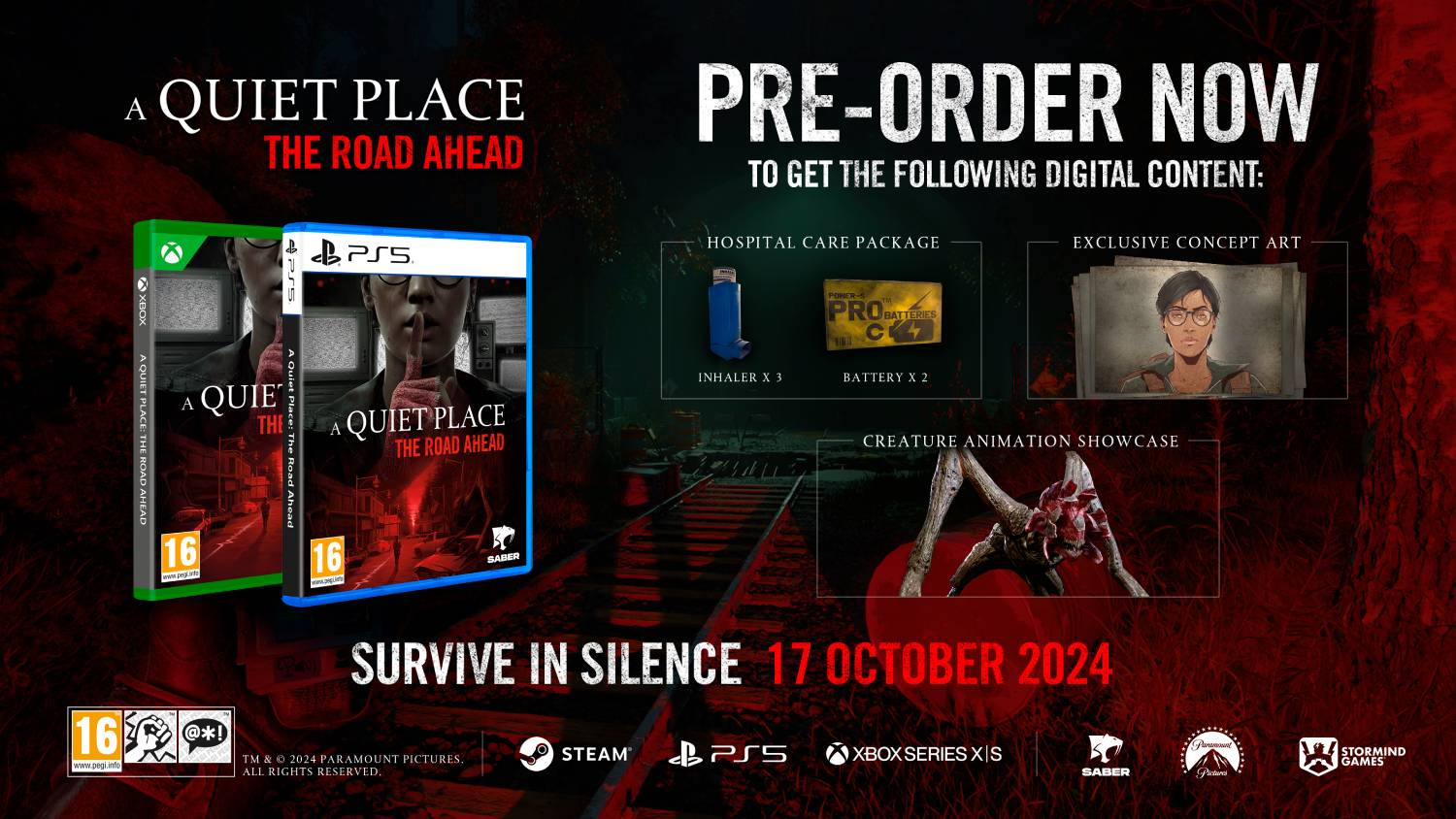 Anuncio del juego A Quiet Place: The Road Ahead con caja del juego y contenido digital.