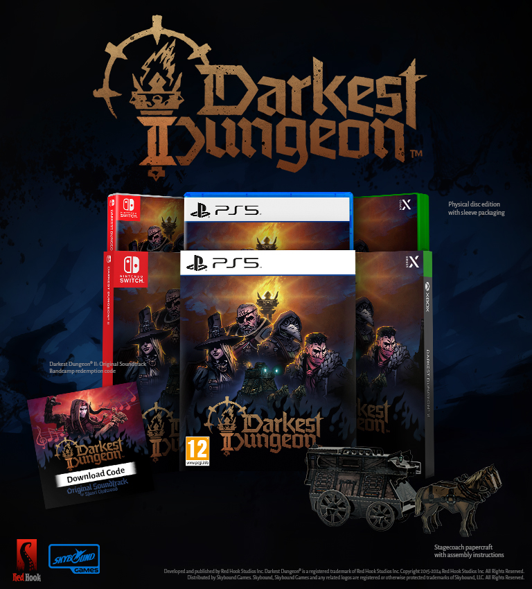 Cajas de juego apiladas, juego Darkest Dungeon y código de descarga. Un coche de papel maché delante.