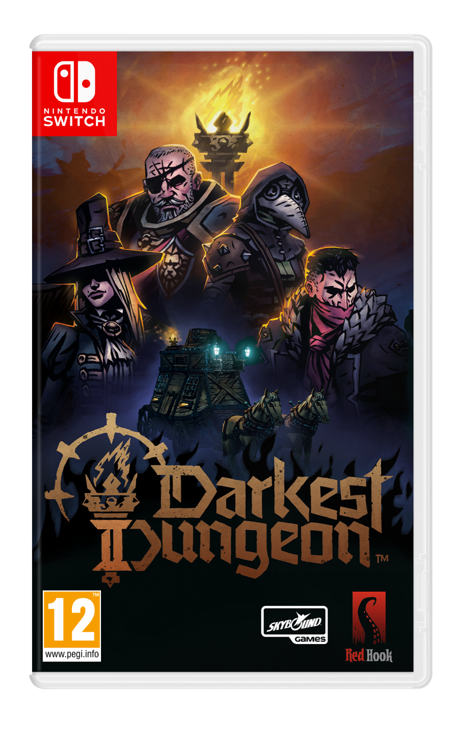 Portada del juego para Nintendo Switch. Muestra personajes de 'Darkest Dungeon' con un tema oscuro.