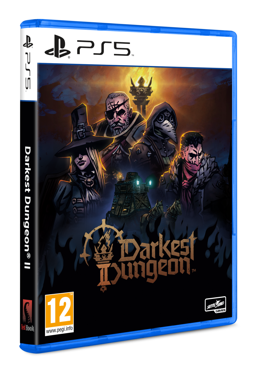 Caja del juego Darkest Dungeon II PS5, con arte de personajes y una caja azul.