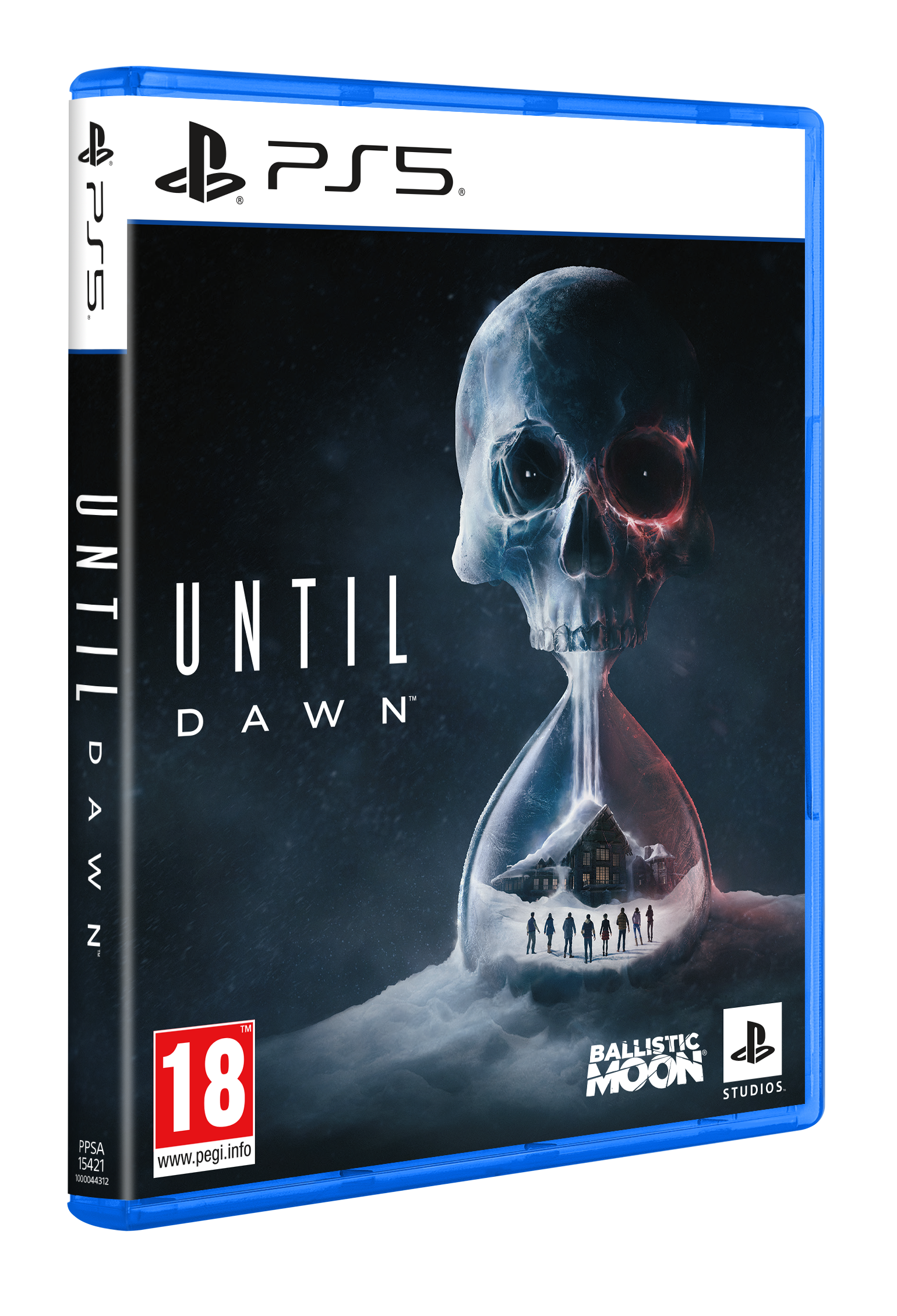 Caja del juego de PS5: Until Dawn, con una calavera y un diseño de reloj de arena.