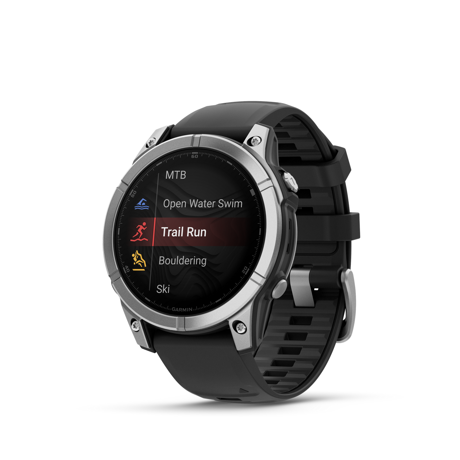 Reloj inteligente Garmin negro con opciones: MTB, Natación en aguas abiertas, Trail Run, Escalada y Esquí.
