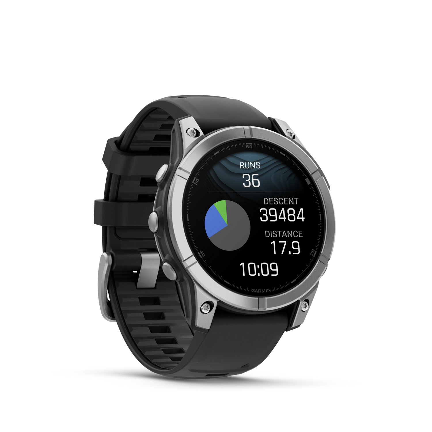Reloj inteligente negro y plateado con pantalla mostrando datos, sobre un fondo negro.