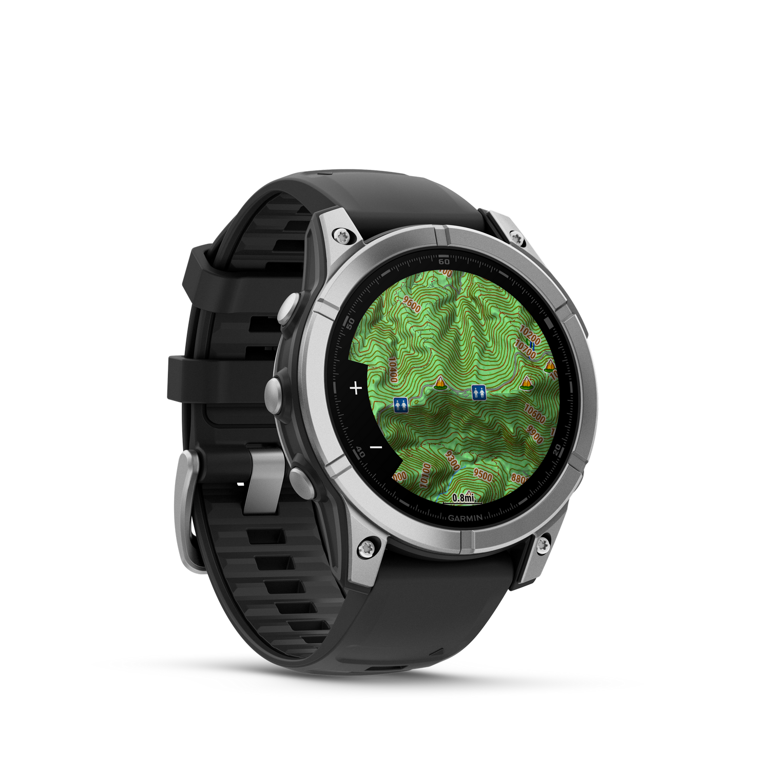 Reloj inteligente mostrando mapa detallado con curvas de nivel.