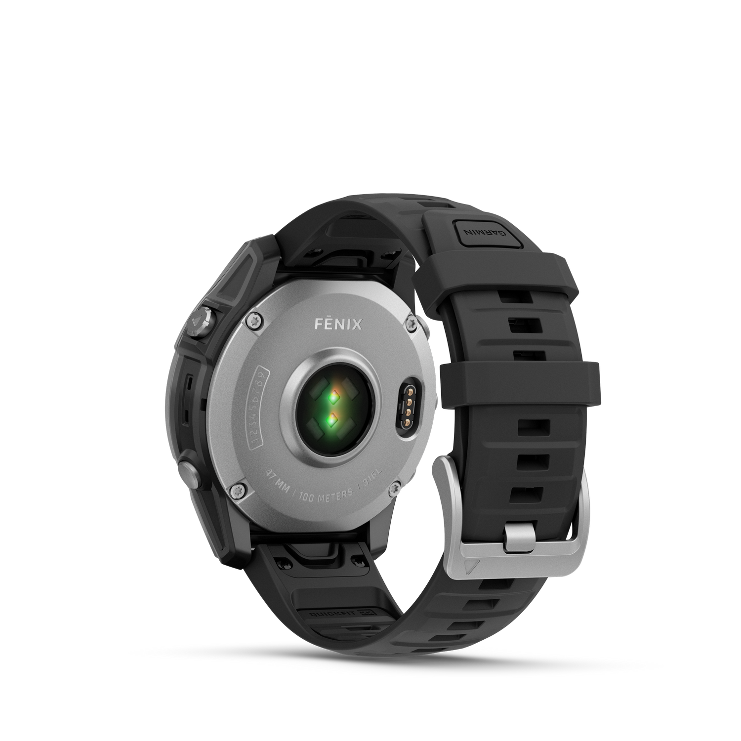 Primer plano de un smartwatch negro desde atrás, con bisel plateado y correa negra, sobre fondo negro.