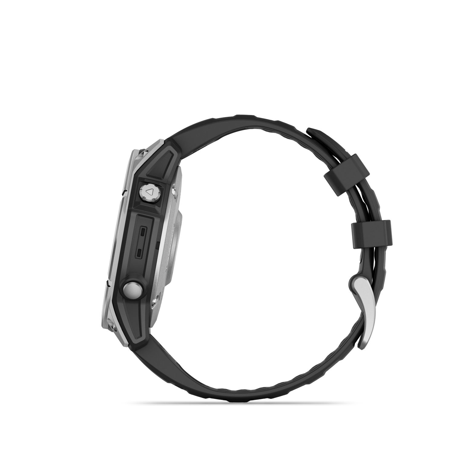 Un smartwatch negro con correa negra, visto de lado.