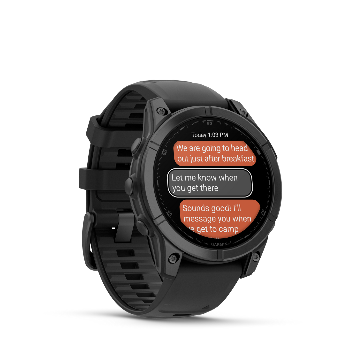 Reloj inteligente negro con textos, correa negra, fondo oscuro.