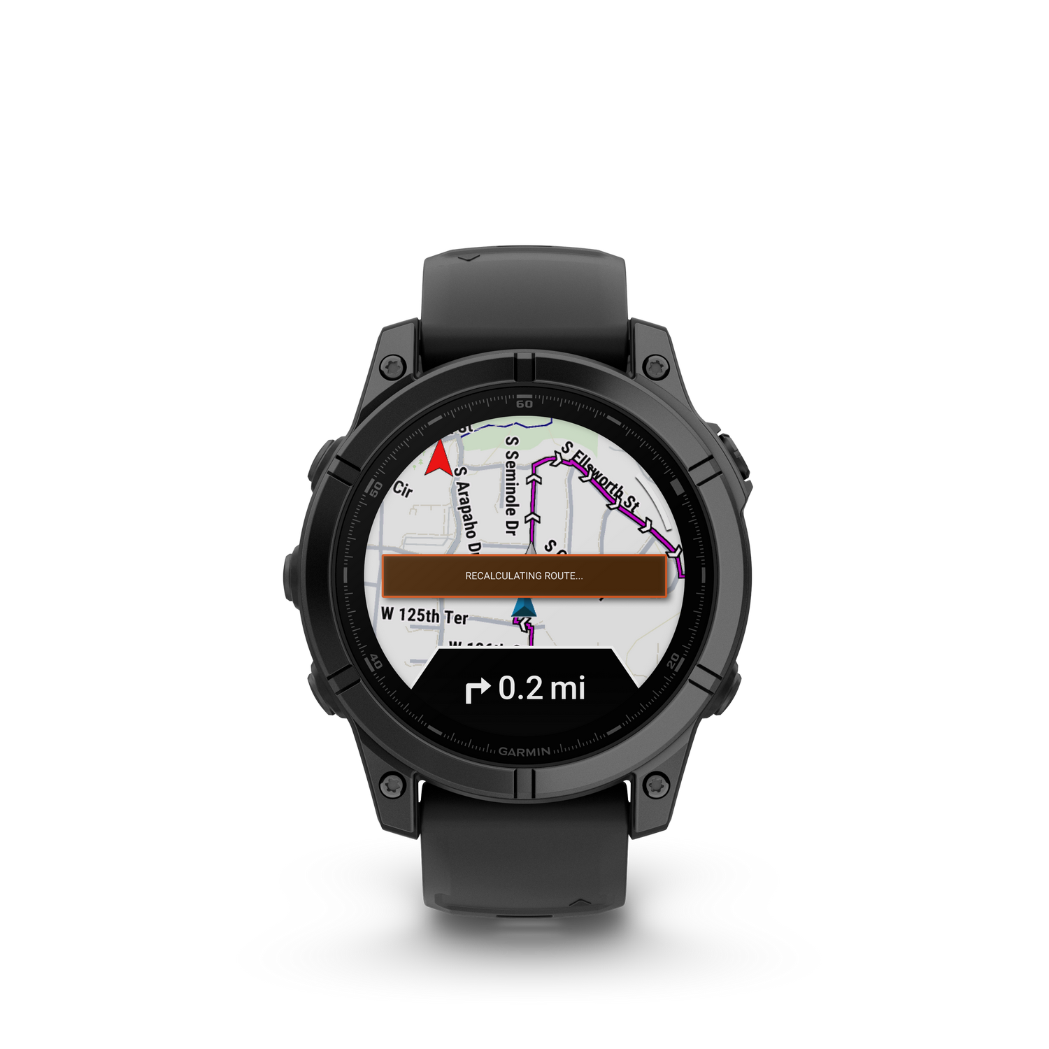 Un reloj Garmin muestra un mapa con un mensaje de recálculo de ruta en su pantalla.