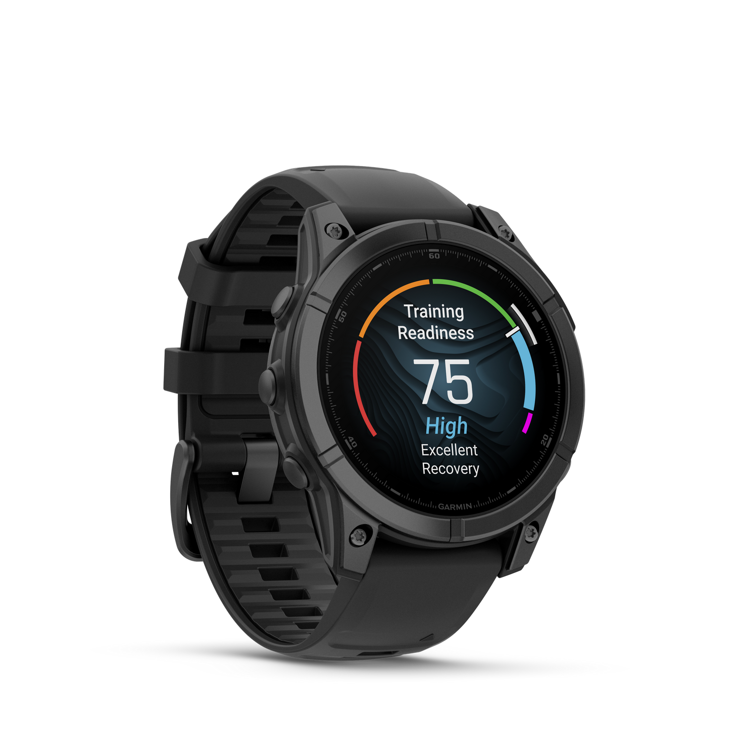 Reloj Garmin negro que muestra la preparación para el entrenamiento y métricas de recuperación.