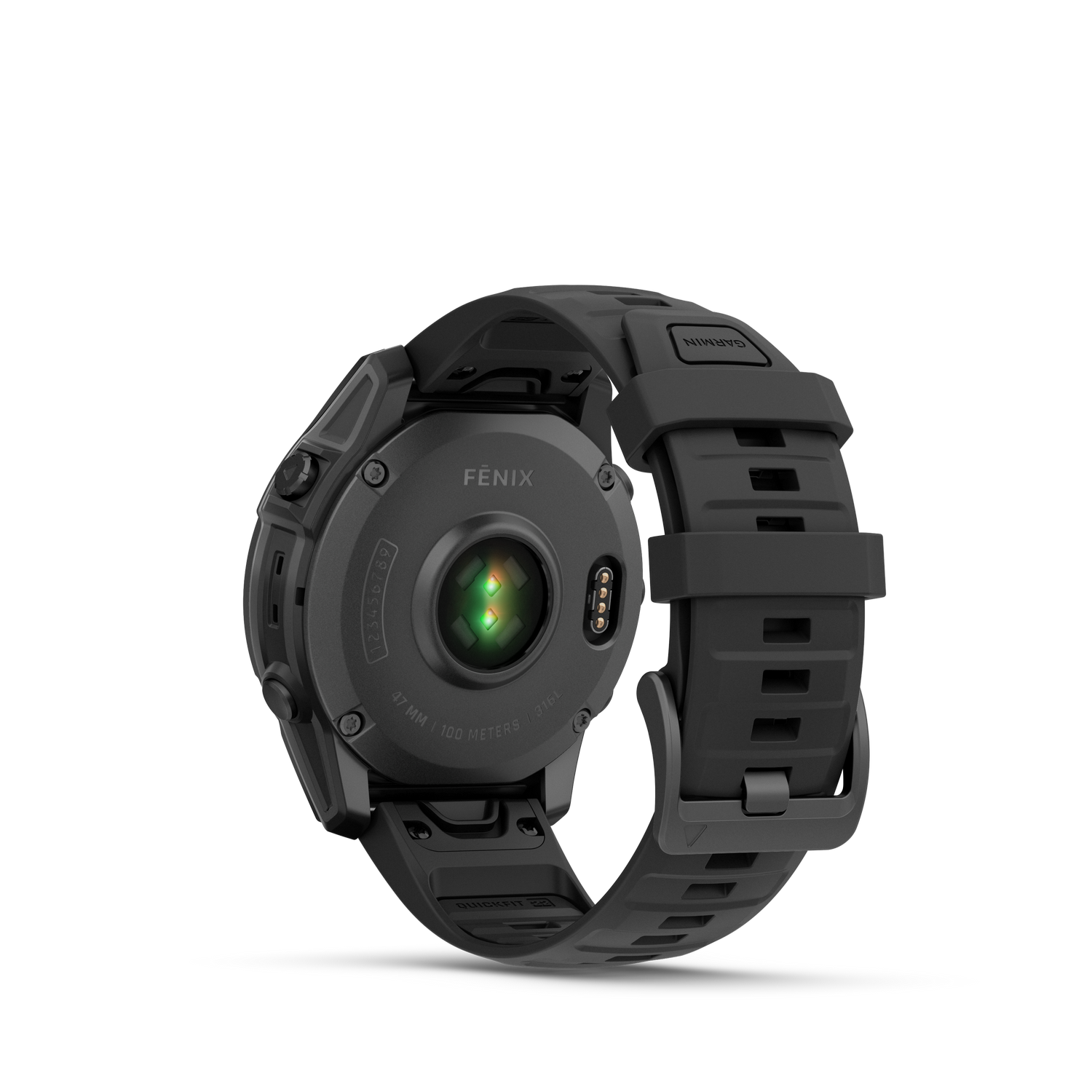 Un smartwatch Garmin Fenix negro, vista trasera. Sensor de frecuencia cardíaca y detalles de la correa visibles.