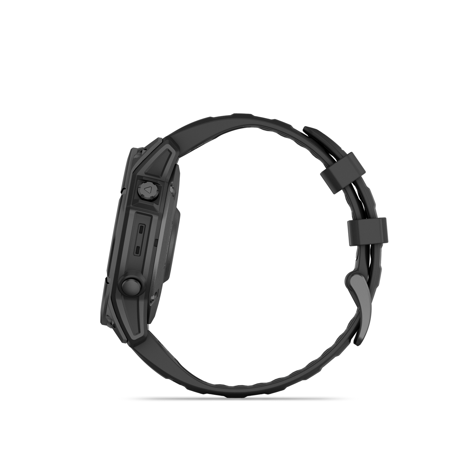 Reloj Garmin, negro, vista lateral. Fondo negro.