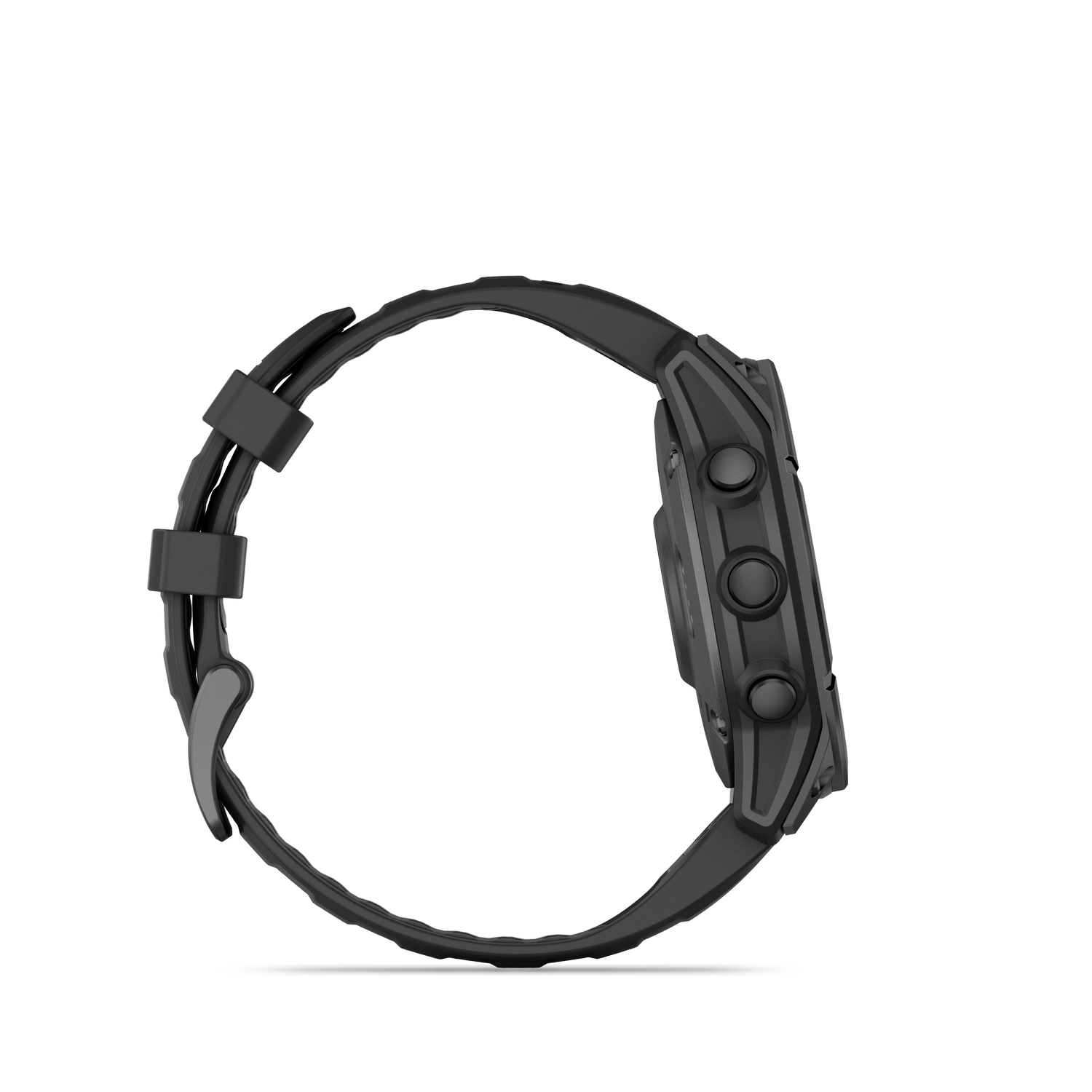 Reloj inteligente Garmin negro. Vista lateral mostrando botones y correa, sobre fondo negro.
