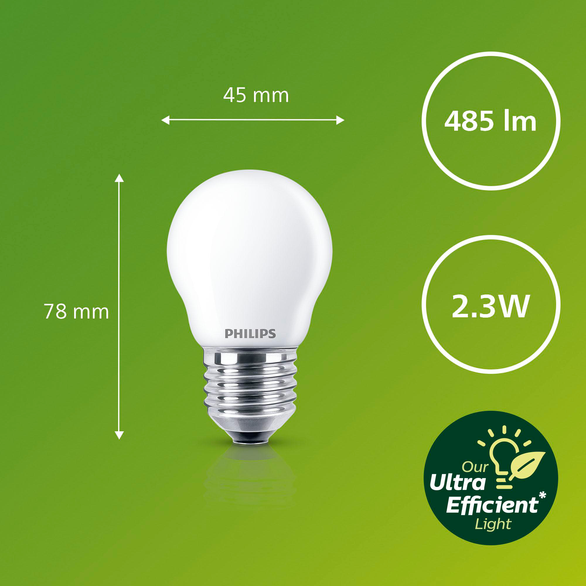 Weiße Glühbirne mit Abmessungen und Spezifikationen. Zeigt Abmessungen, Wattzahl und Lichtleistung.