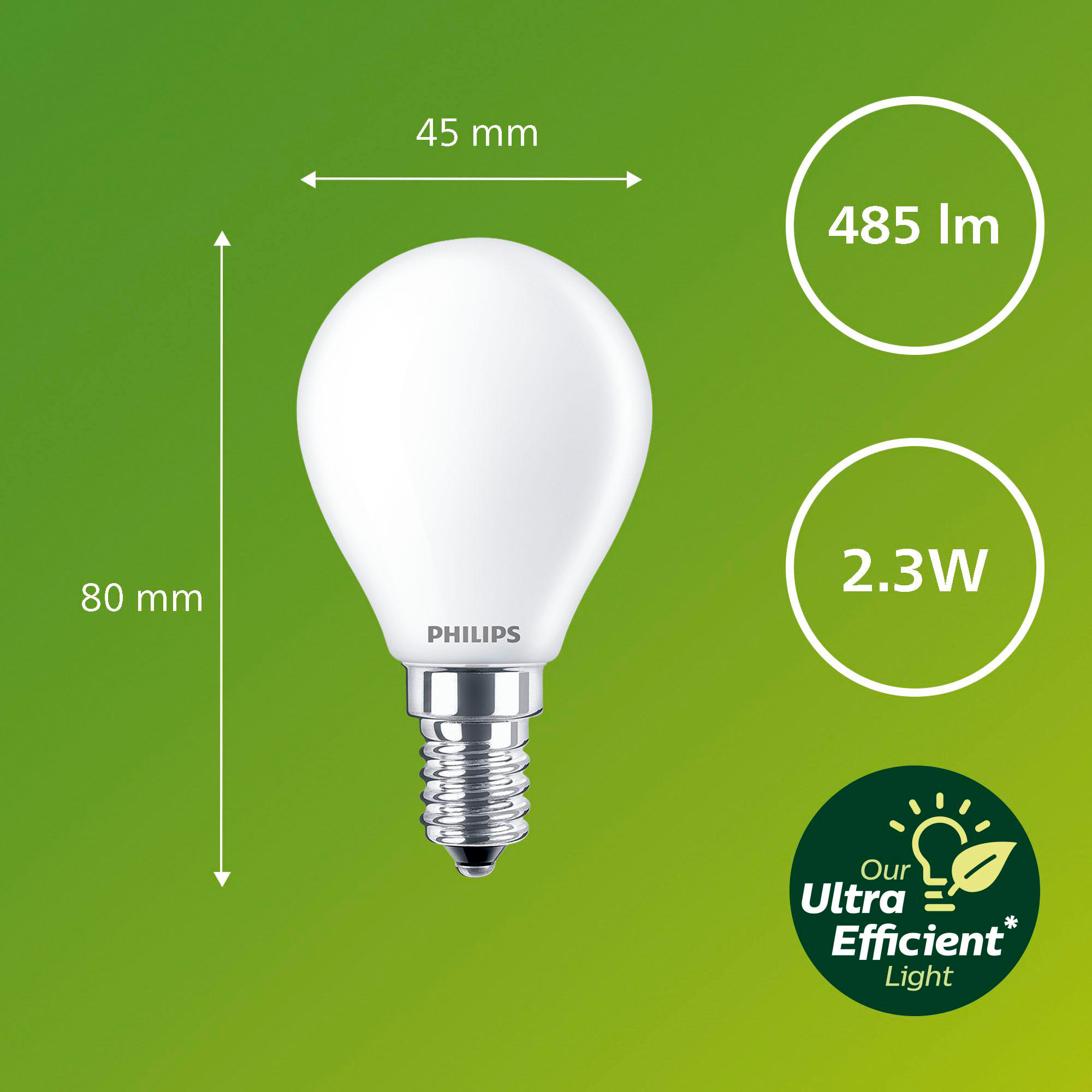 Weiße Philips LED-Glühbirne. Abmessungen 80 mm x 45 mm. 2,3 W und 485 lm.