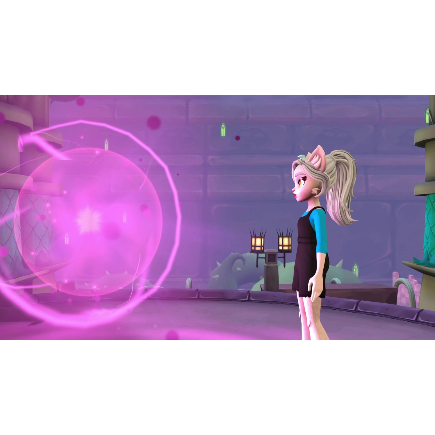 A cartoon girl in a black dress looks at a glowing pink orb in a purple room.