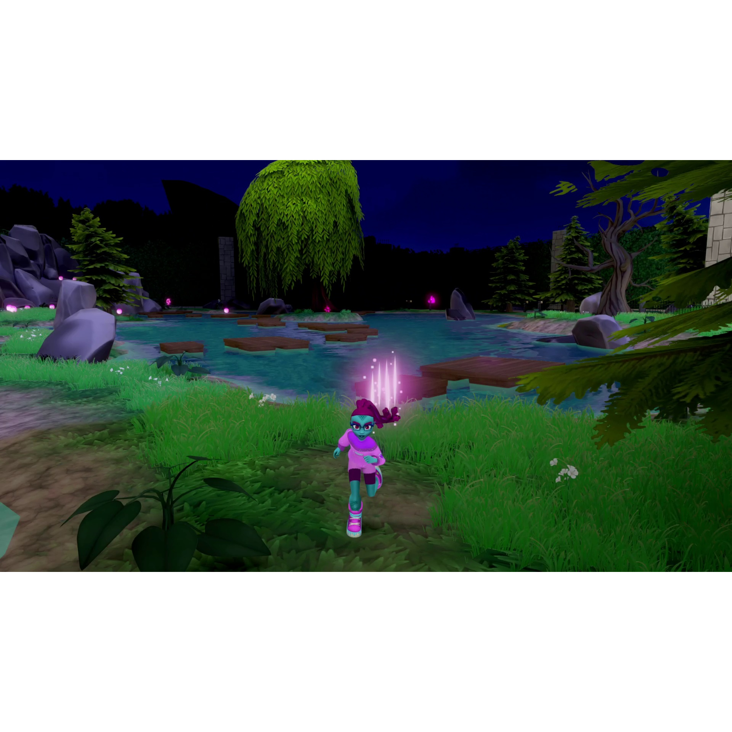 A game character running through a stylized night scene with trees and a lake.