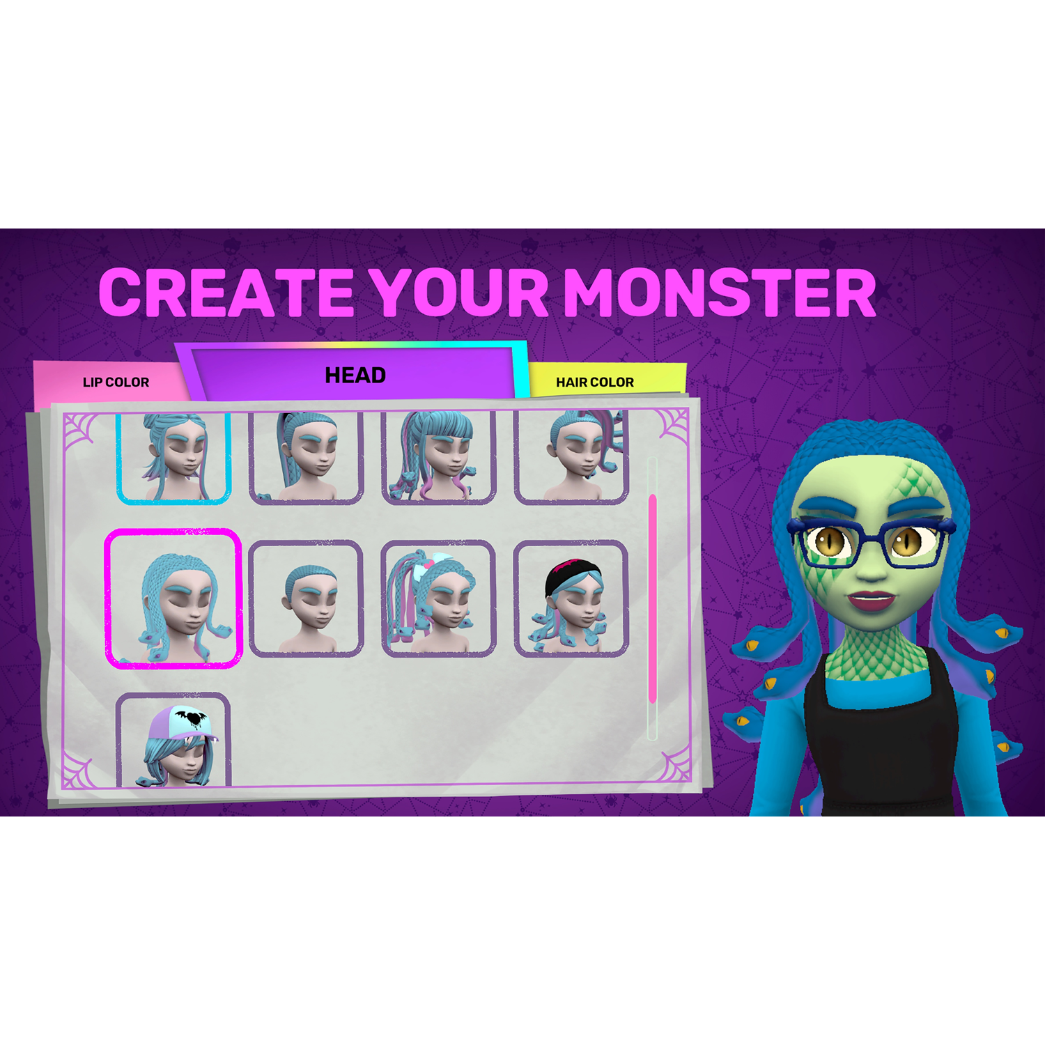 A game interface to create a monster with different head options.