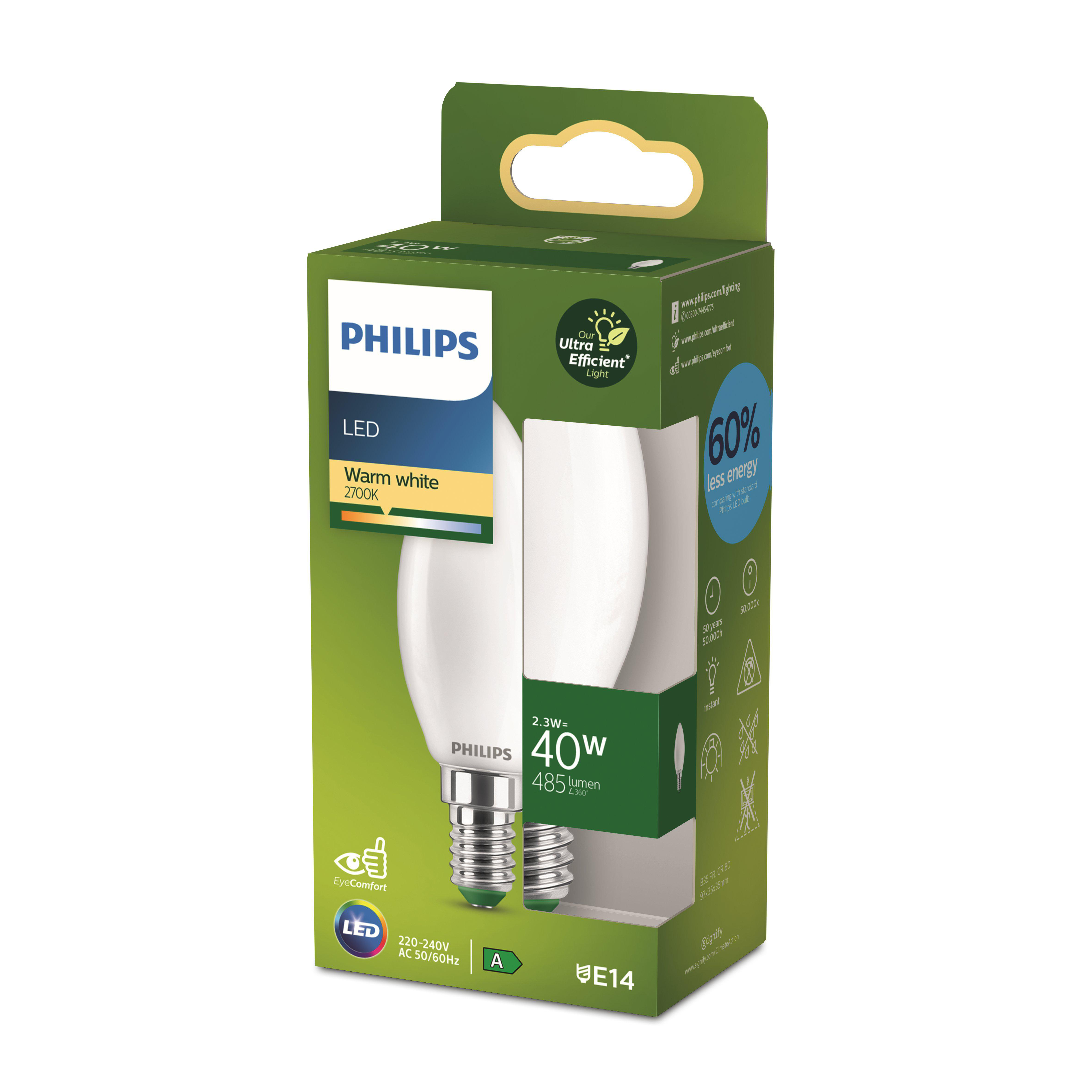 Philips LED-Glühbirne in einer Box, grüne und weiße Farben.