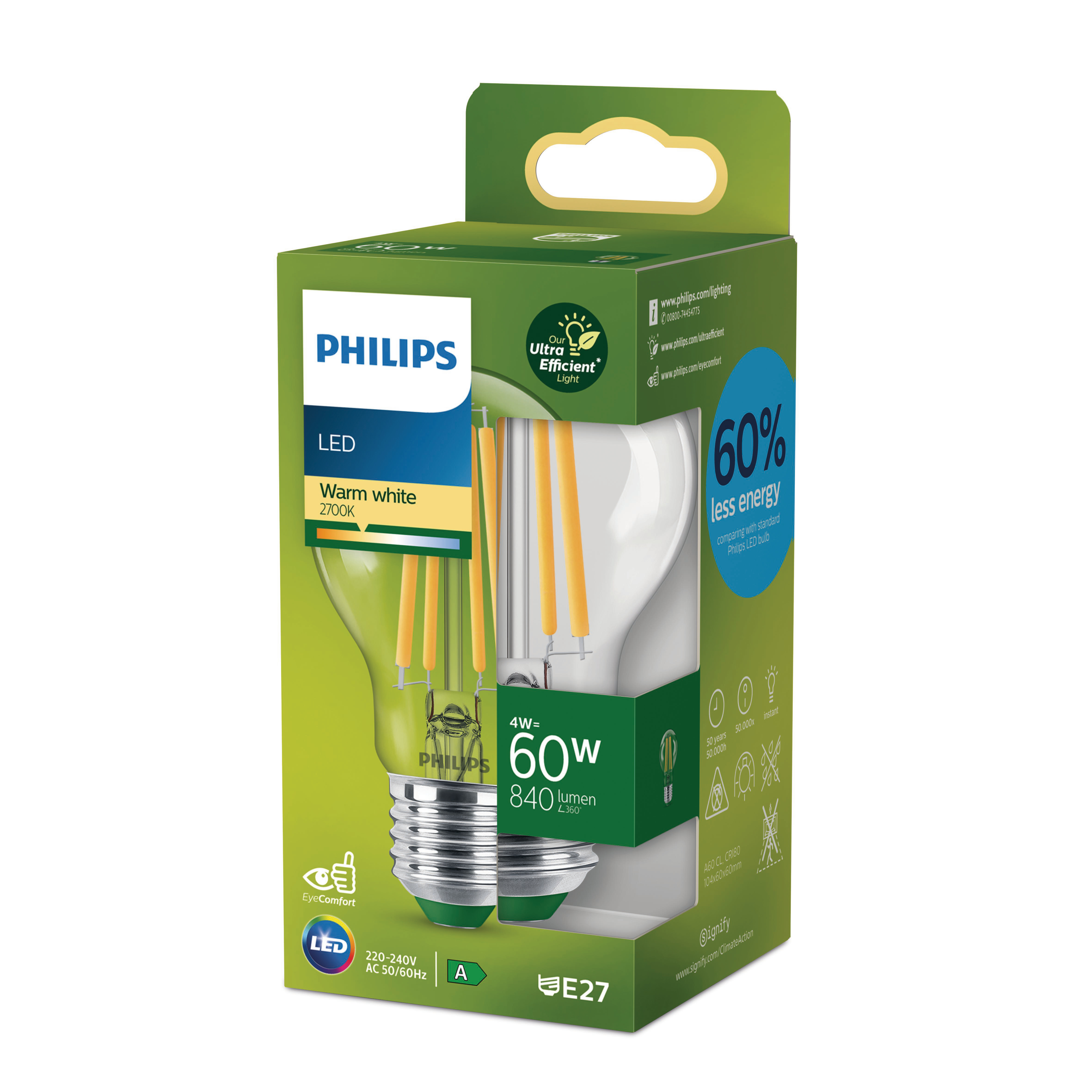 LED-Glühbirne in Verpackung, mit Text und Grafiken auf grünem Hintergrund.