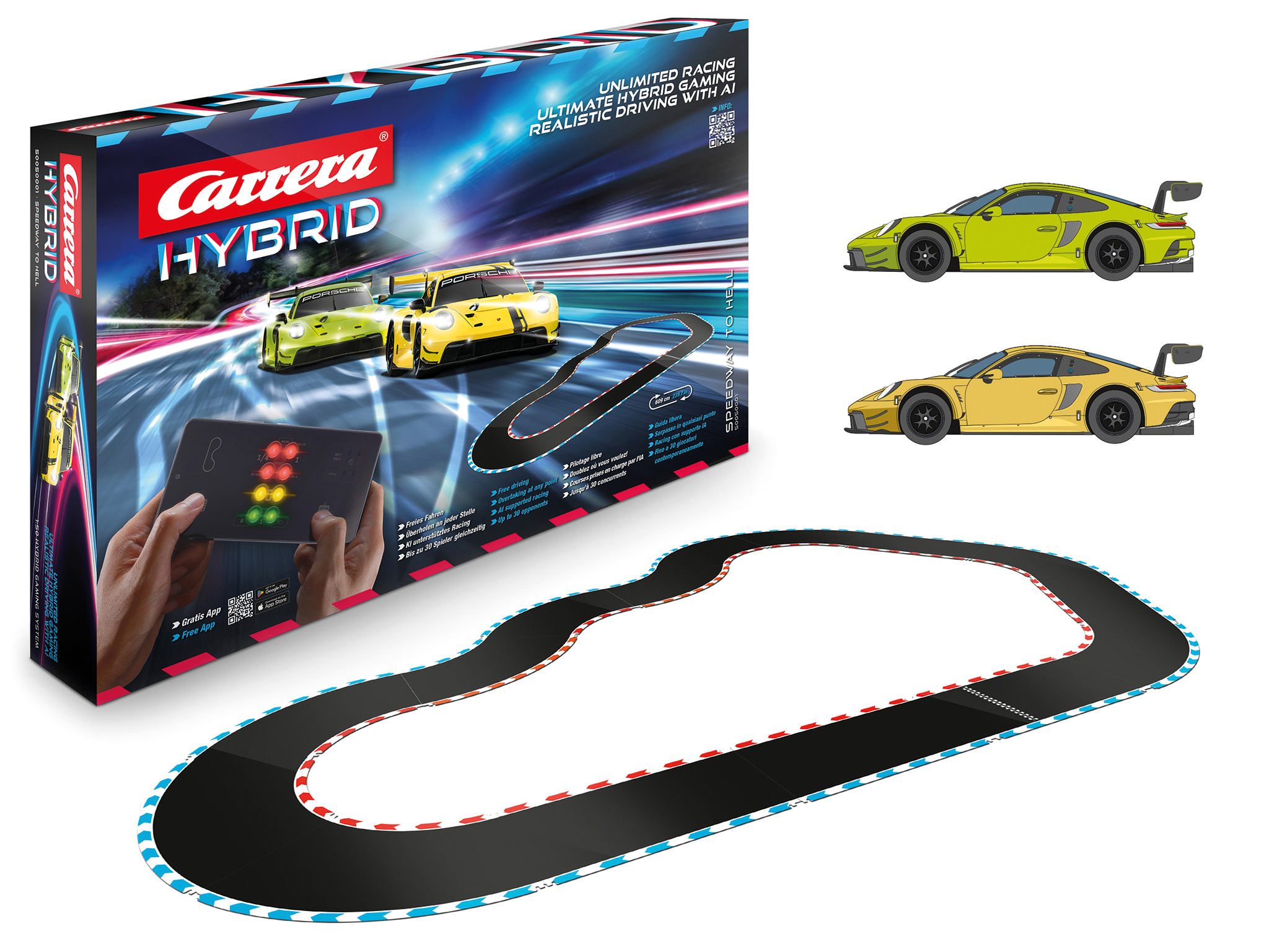 Carrera Hybrid Rennstrecken-Set mit Autos, Streckenteilen und einer Steuereinheit. Die Box ist links.