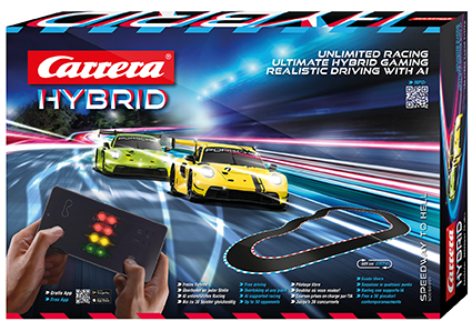 Ein Carrera Hybrid Rennspielset, Box-Art mit Auto und Rennstrecke.