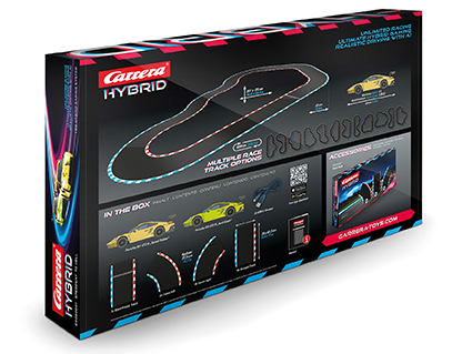 Box-Art, Carrera Hybrid Rennset, mit Autos und Streckendetails.