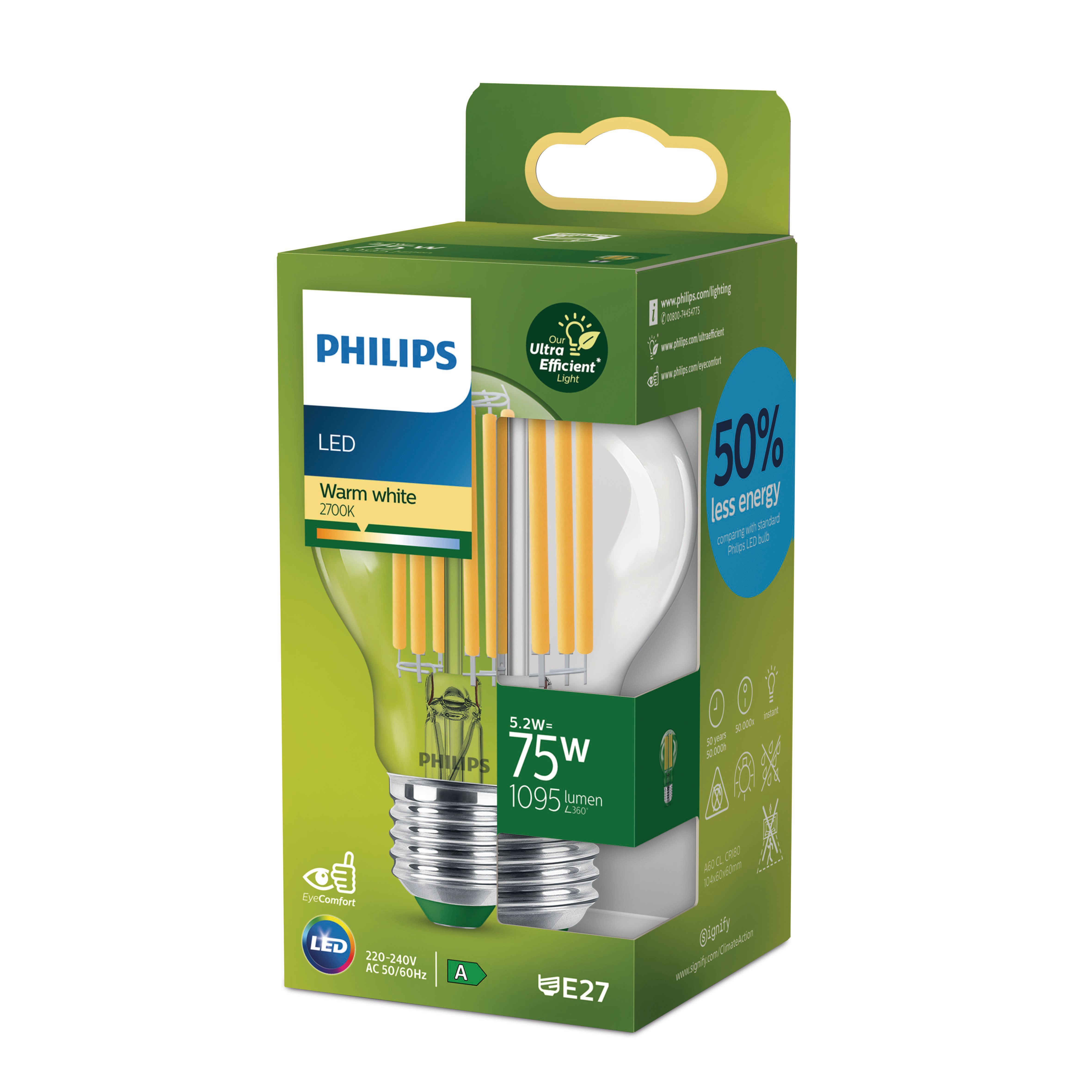 Philips LED-Glühbirnenbox. Grün und weiß mit Text und Glühbirnenillustration.