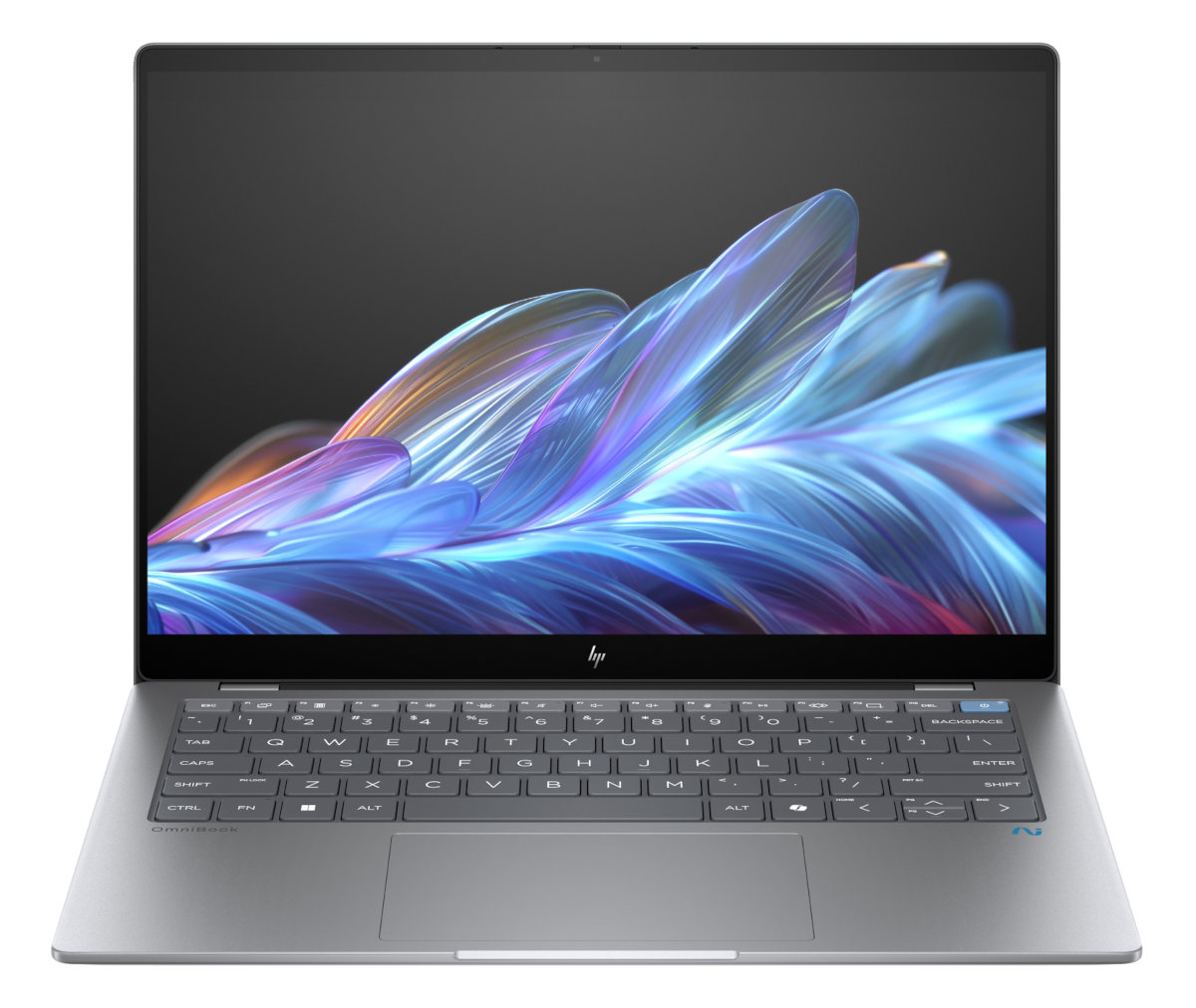 Laptop z logo HP, klawiaturą i kolorowym, abstrakcyjnym wzorem wyświetlanym na ekranie.