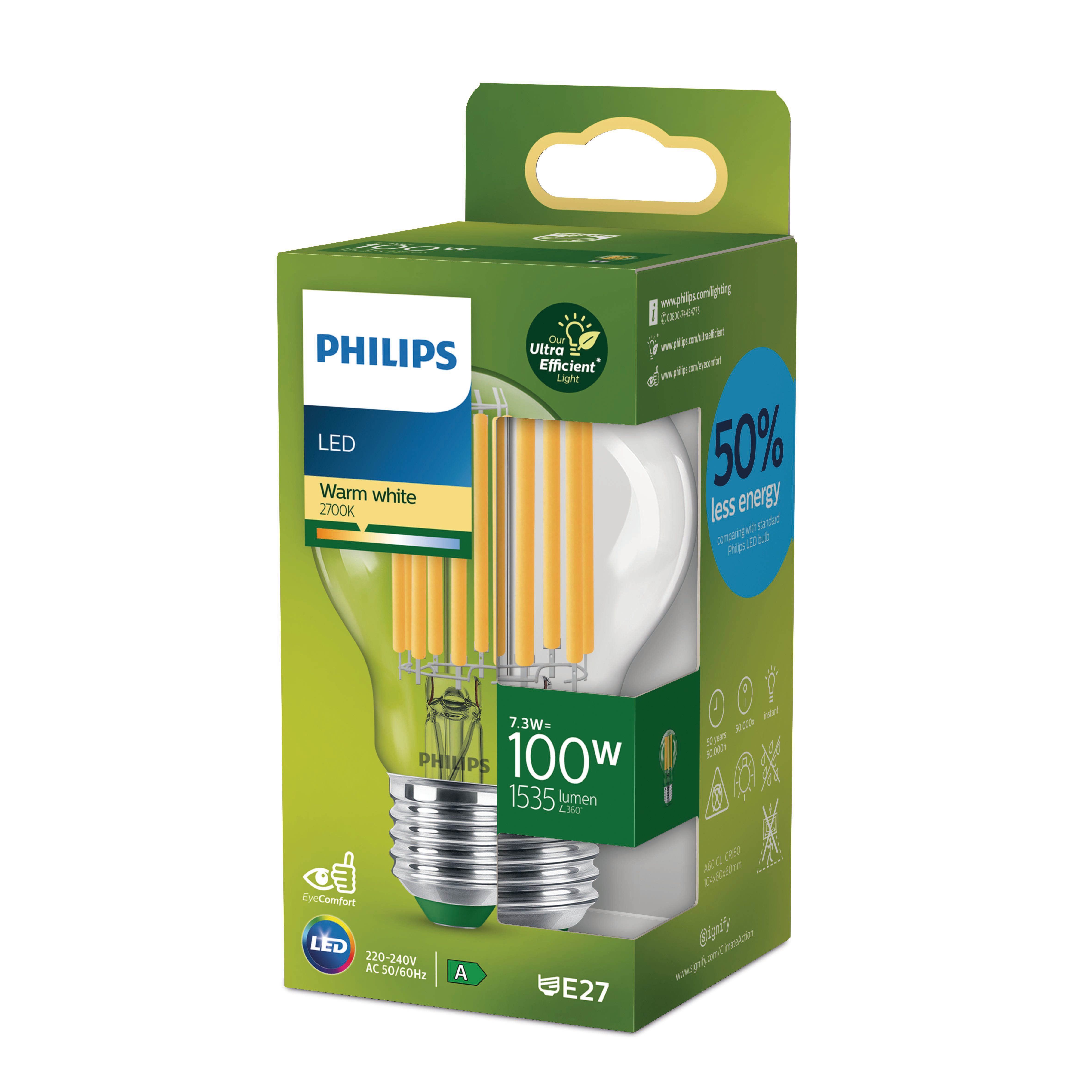 Schachtel mit Philips LED-Glühbirne mit Text und Bild.