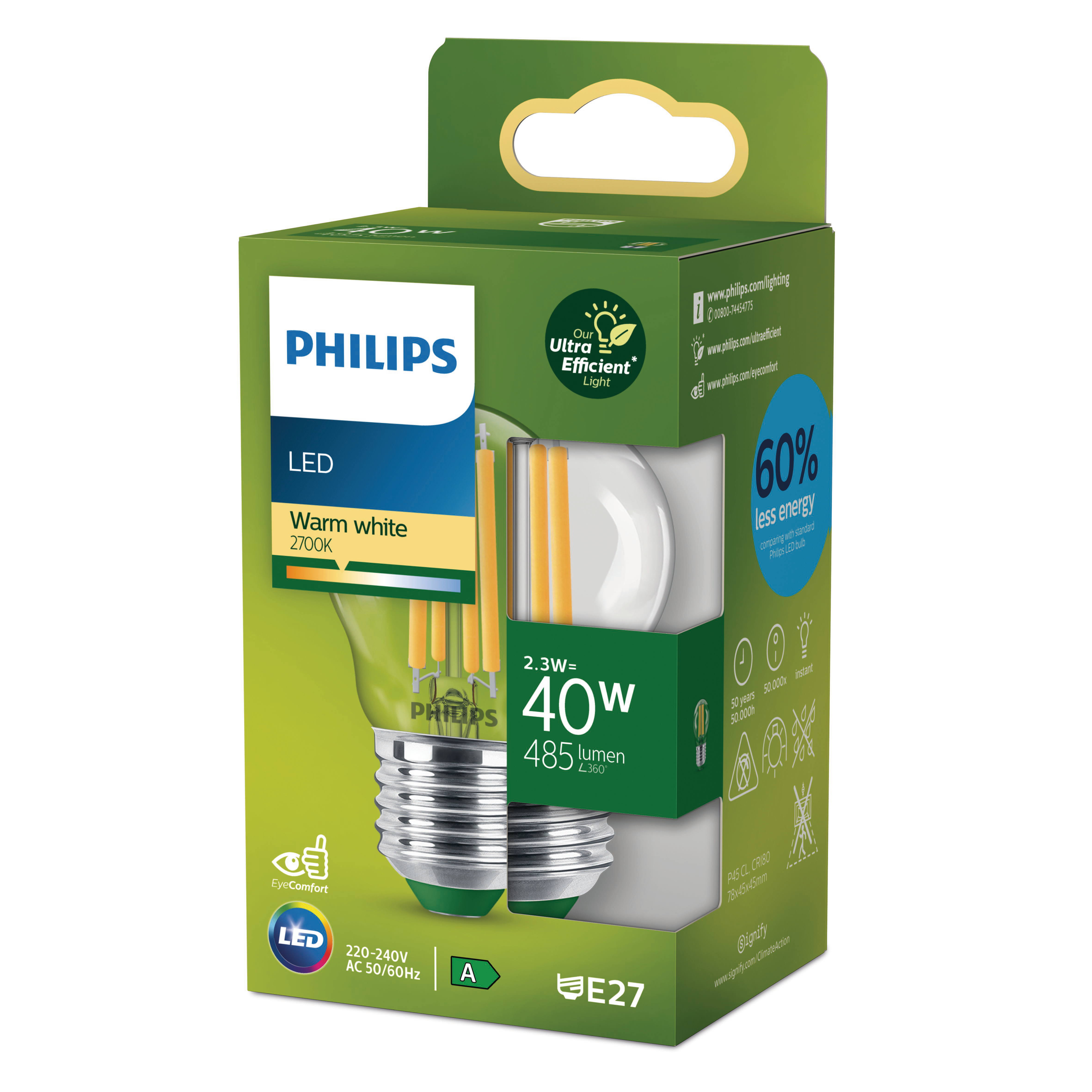 Eine Philips LED-Glühbirne in ihrer Verpackung, die Details wie Helligkeit und Energieverbrauch zeigt.