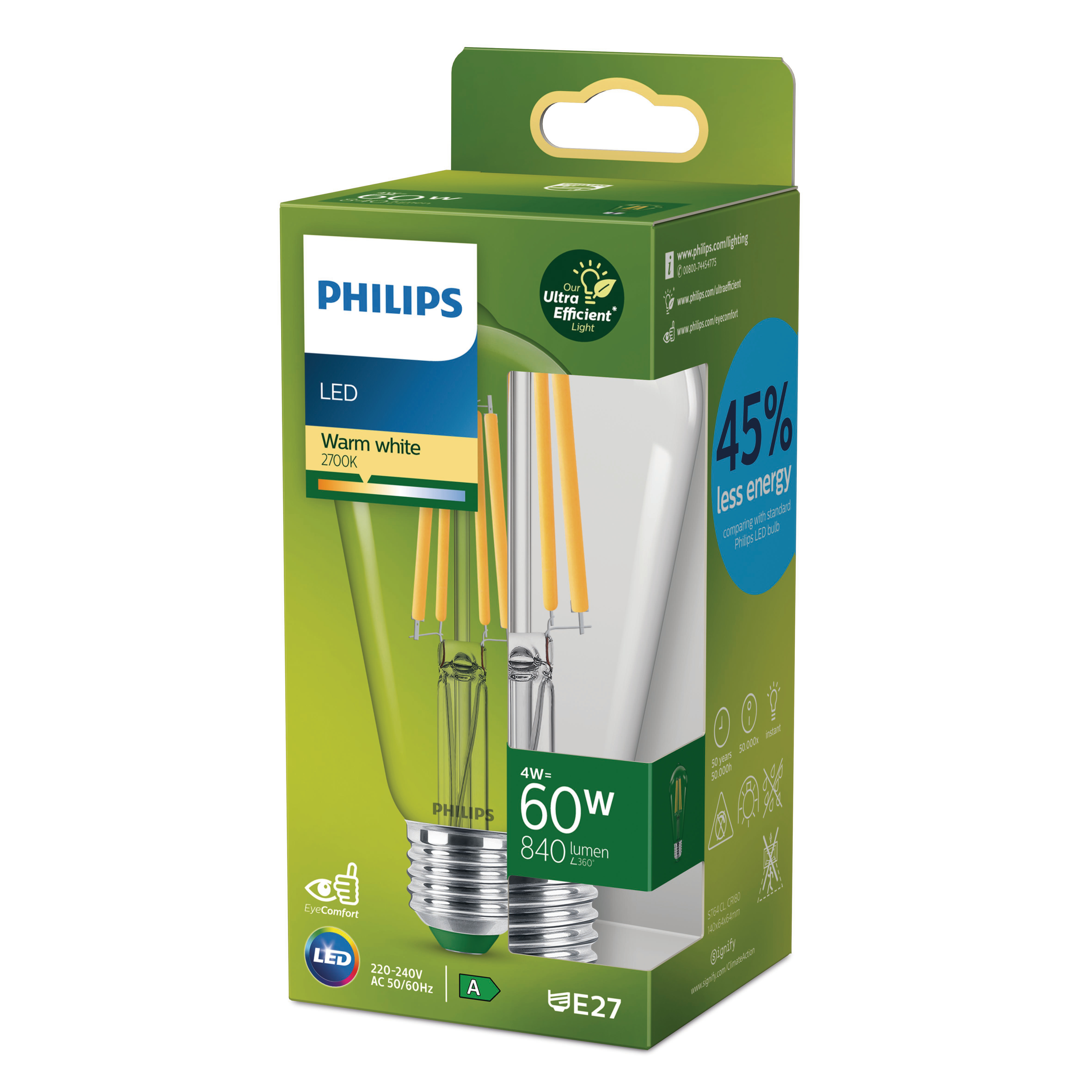 Philips LED-Glühbirne in einer grün-weißen Schachtel, mit sichtbarer Glühbirne aus Klarglas.