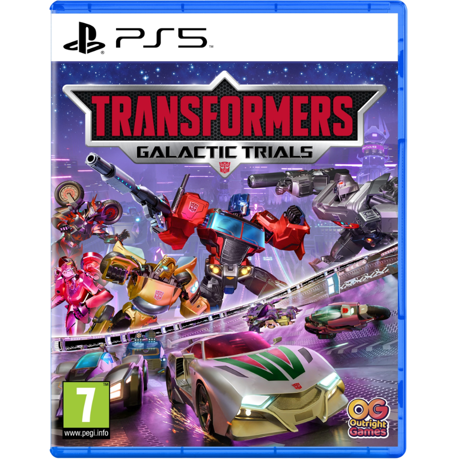 Gamecover: Transformers-robots en -auto's in actie, met een futuristische stadsachtergrond.