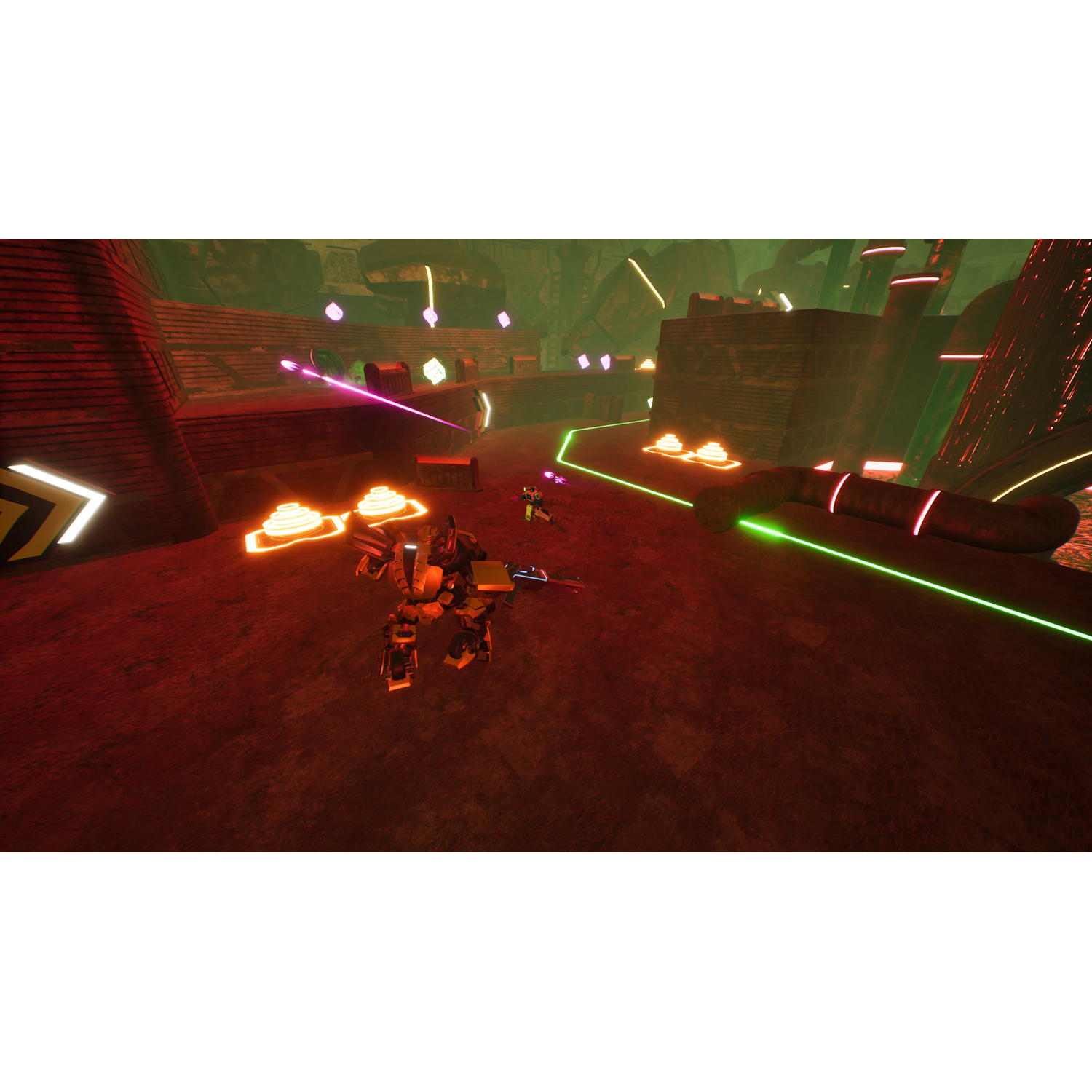 Een videogame-scène met robots die vechten in een rode, futuristische omgeving met neonlichten.